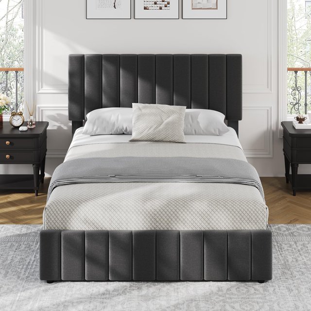 AKDSteel Upholstered Bed Frame with 4 Storage Drawers, Velvet Platform Bed with Adjustable Linen Headboard, Wooden Slats, No Box Spring Needed