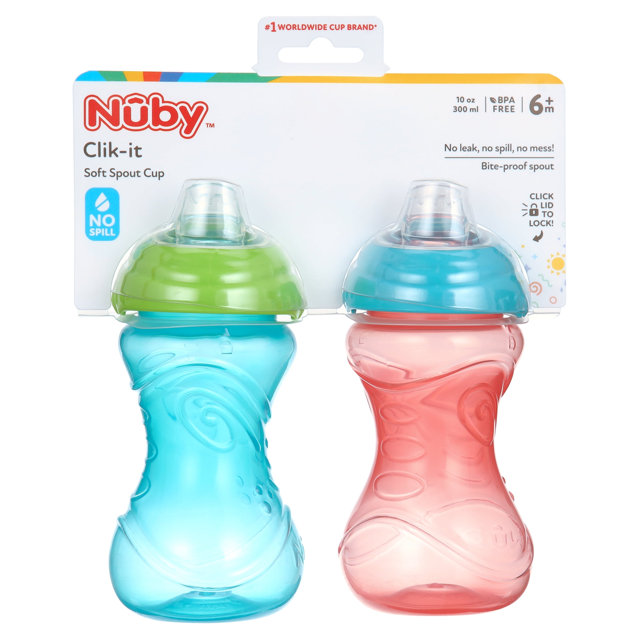 Nuby 2 Pack 10 Oz. Clik-It Cup with Silicone Spout, Red & Blue