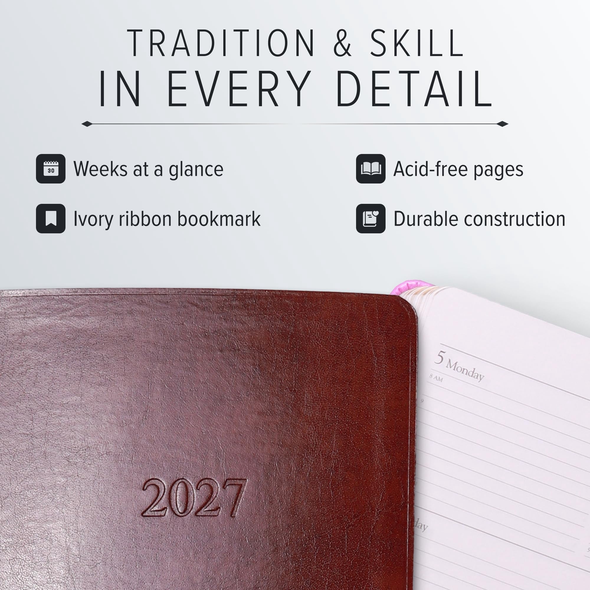 Gallery Leather Desk Hourly Weekly Monthly Planner 2027, Elegantly Bound Calendar Planner and Notebook with Stylish Gold-Gilded Page Edges, 12 Months - Acadia Deep Red - 8x5.5"