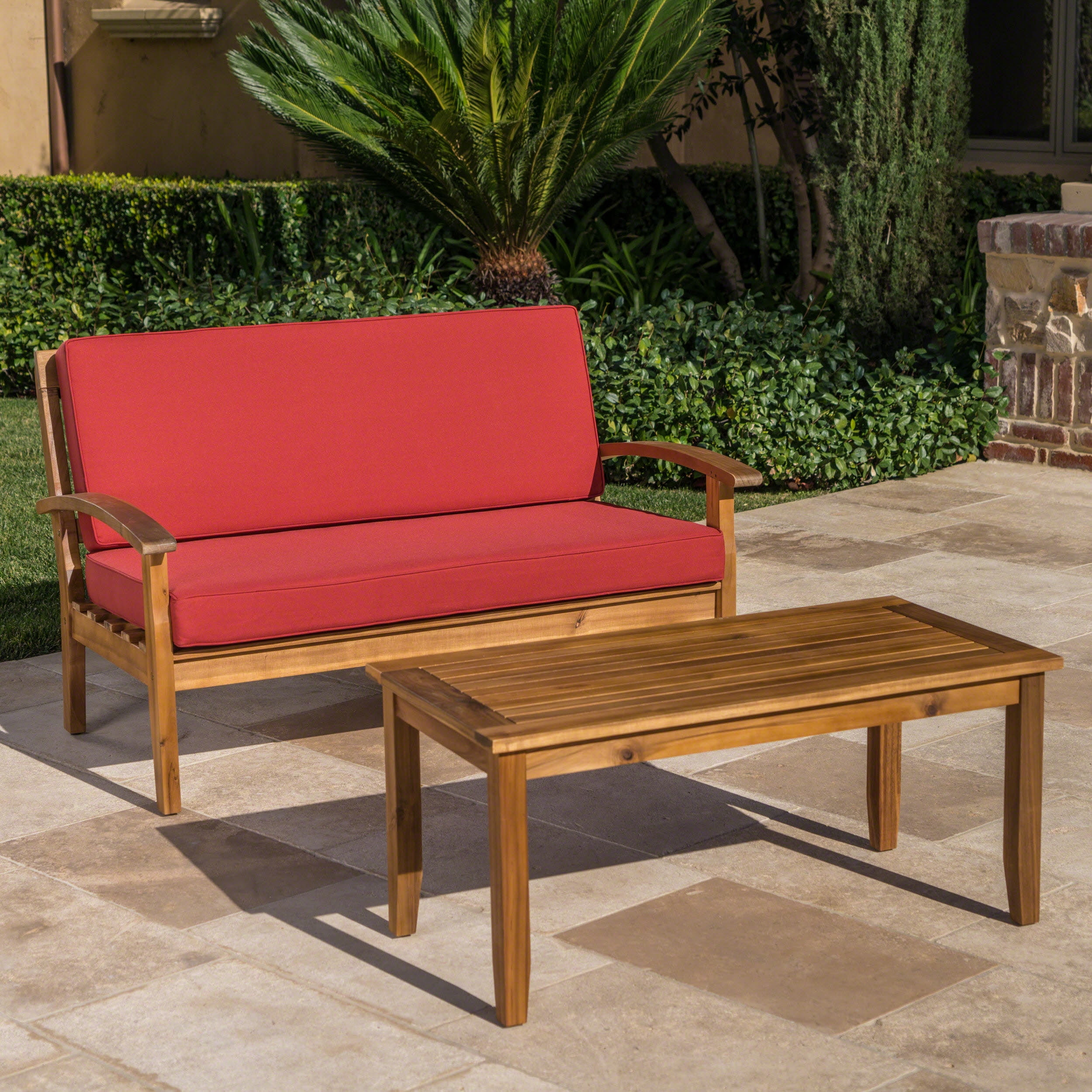 Outdoor Loveseat and Coffee Table Combined Leisure Set, Acacia Wood Frame Furniture for Patio Garden, Red