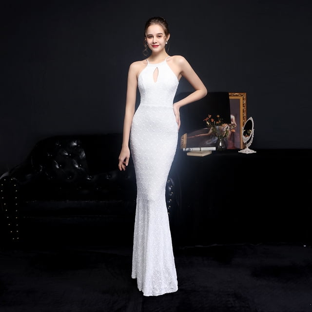 Vestido de noche elegante con escote largo y lentejuelas de diamante y cola de pez estilo reina para banquete