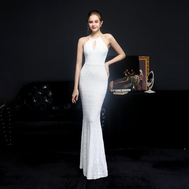 Vestido de noche elegante con escote largo y lentejuelas de diamante y cola de pez estilo reina para banquete