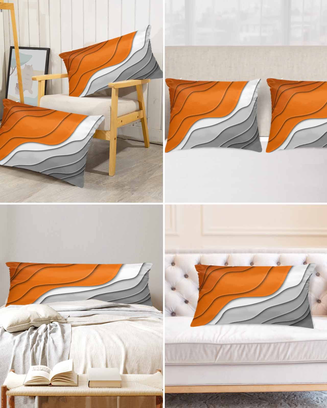 Orange Grey Ombre Satin Pillowcase for Hair and Skin with Zipper, Soft Breathable Cooling Silk Pillow Cases, Modern Geometric Abstract Aesthetics Cream Throw Pillow Covers King Size 20"x36" Set of 2