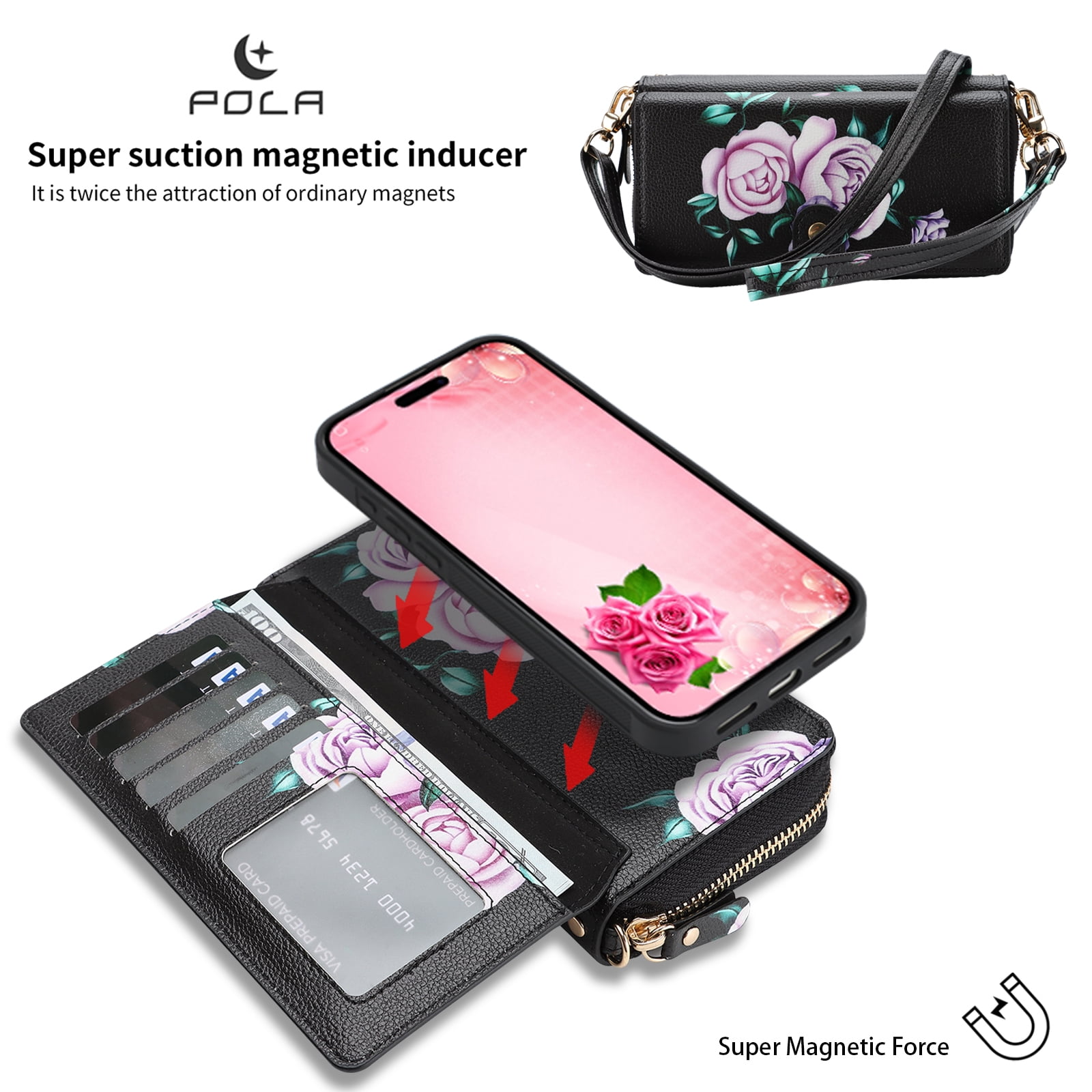 TECH CIRCLE 2-in-1 Wallet Case for iPhone 16 (6.1", 2024), Detachable Magnetic Back Cover, Flip Flower Phone Case with 15 Card Slots, Zipper Pocket, Crossbody Strap, Wrist Strap, Black