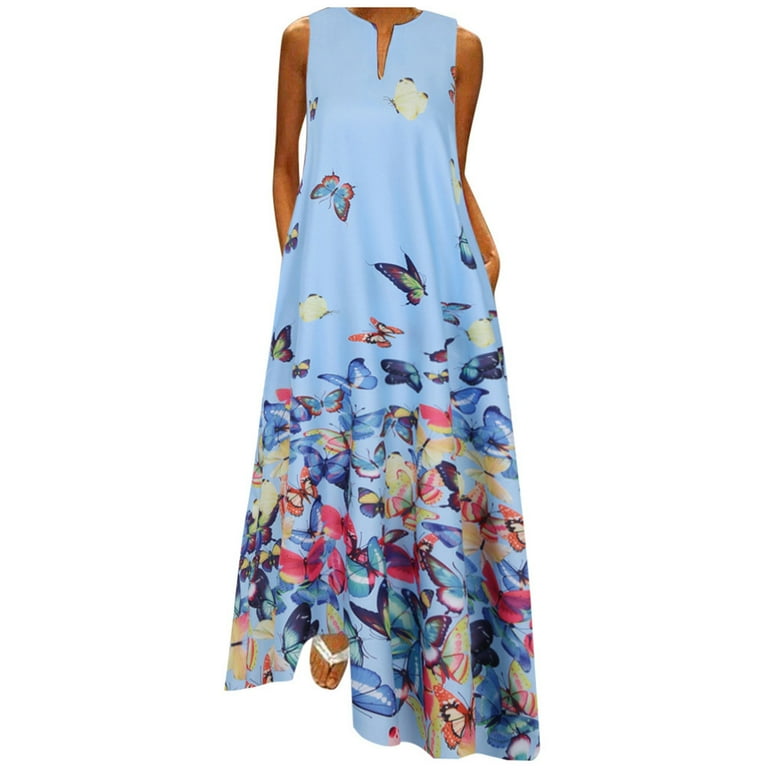 Pink and blue dress plus size Wedding Guest Dresses For Women Plus Size  Butterfly Print Daily Sleeveless Vintage Boho V Neck Maxi Dress Blue -  Walmart.com