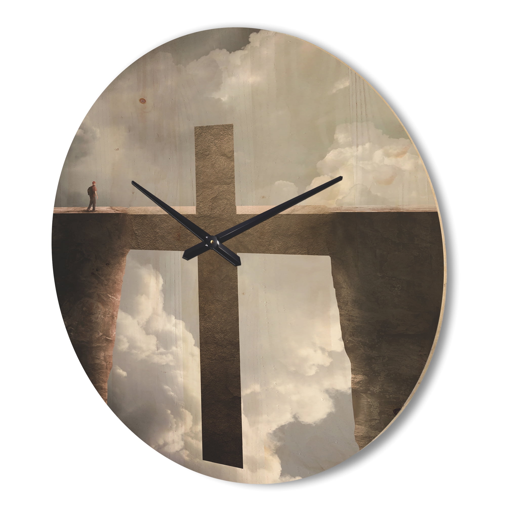 Designart 'Man and Big Cross between Two Cliffs ' Modern Wood Wall Clock