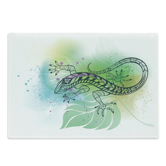 Salamander Cutting Board, Dark Grey Outline of a Lizard on Nature Tones Botanical Exotic Art, Decorative Tempered Glass Cutting and Serving Board, in 3 Sizes, by Ambesonne