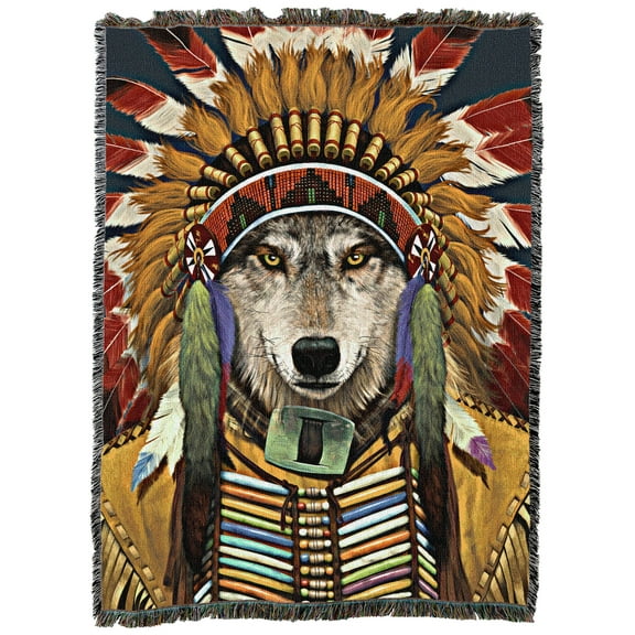 Pure Country Weavers Wolf Spirit Chief Large Tapestry Throw Woven from Cotton - Made in The USA (72x54)