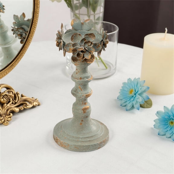 Floral Accent Candle Holder, Distressed Blue Finish Candle Holder, Vintage Rustic Home Decor, Large Size, 1pc