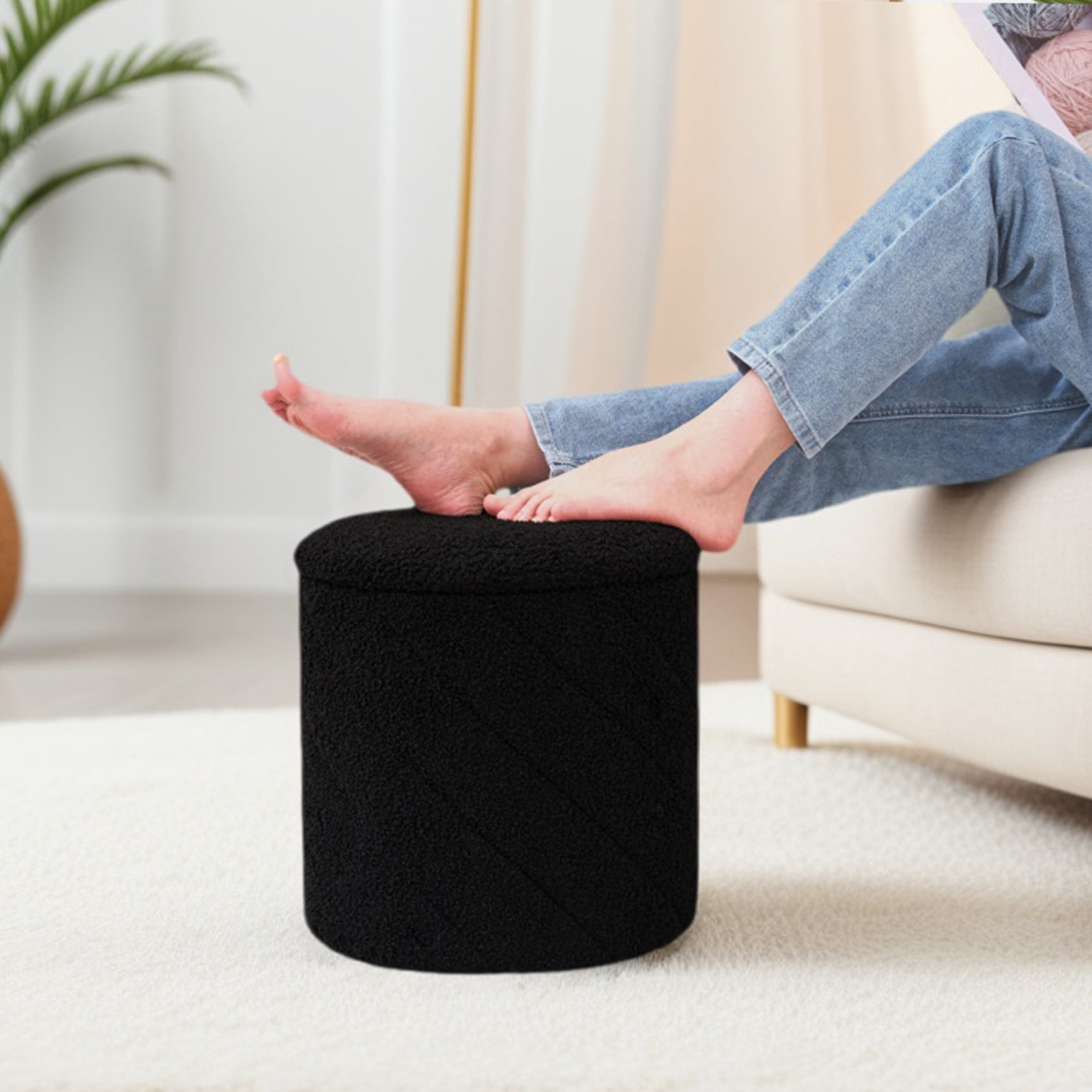 PINPLUS Small Storage Ottoman with Tray Collapsible Foot Rest Stool Seat for Living Room Black,Sherpa Fabric