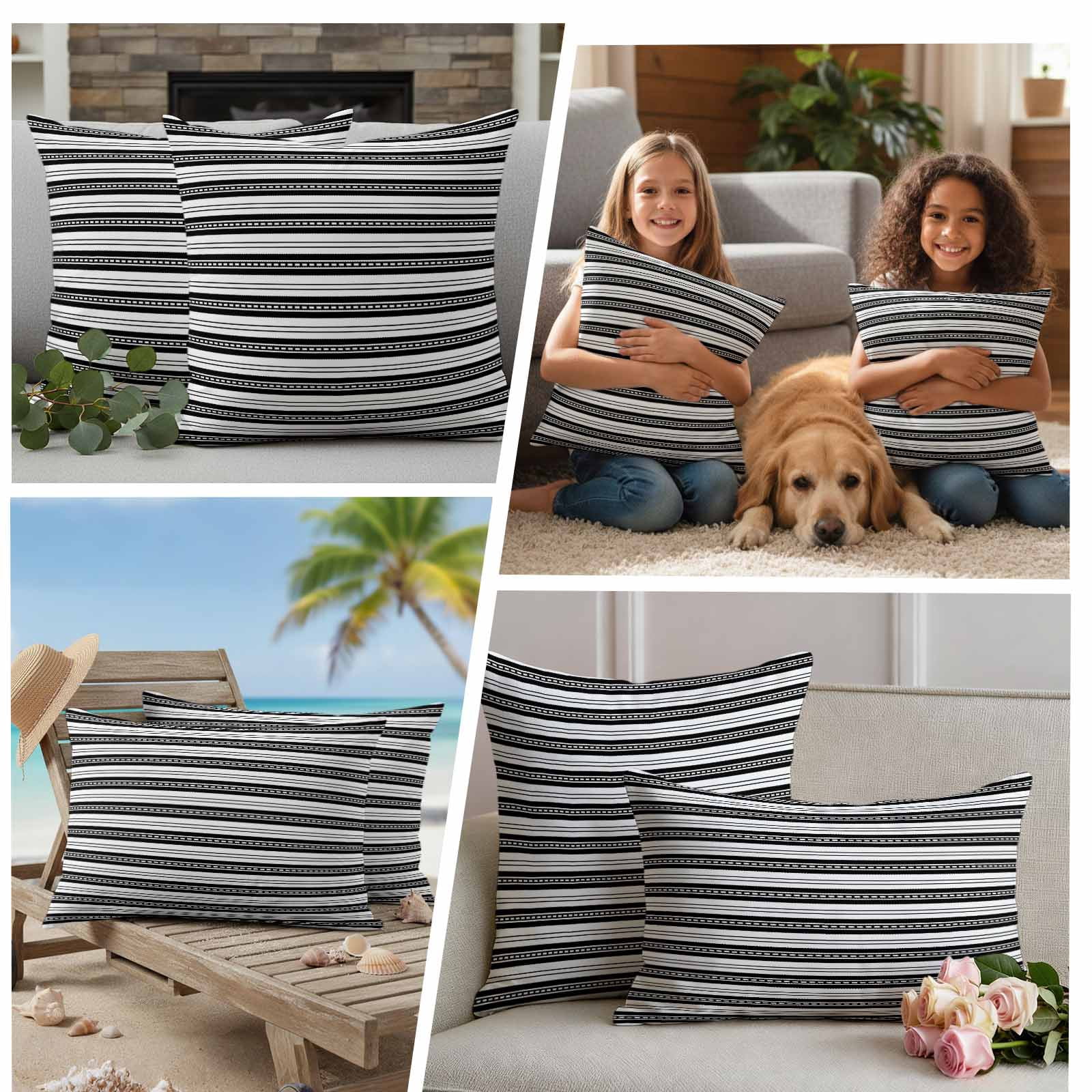 Boho Black Stripe Outdoor Waterproof Pillow Covers, Abstract Geometric White Minimalist Decorative Square Throw Pillowcase Sofa Cushion Sham for Patio/Couch/Chair, 20"x20" 2 Pack