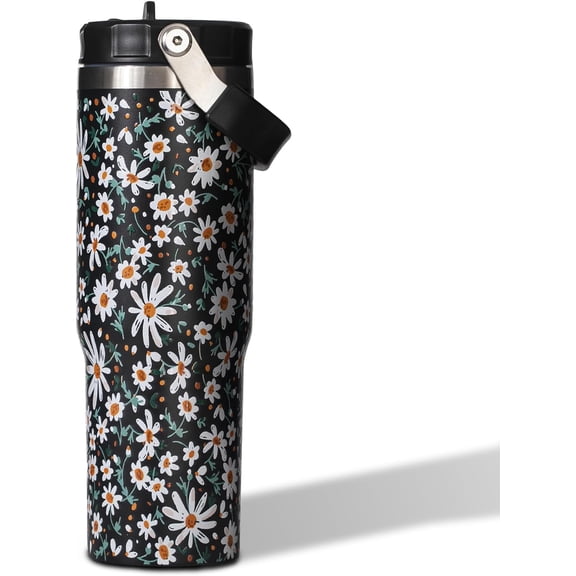Daisy 30 oz Tumbler with Flip Straw - Insulated Water Bottle with Handle - Stainless Steel Cup with Lid - Ideal Gift for Women - Hand Wash Only