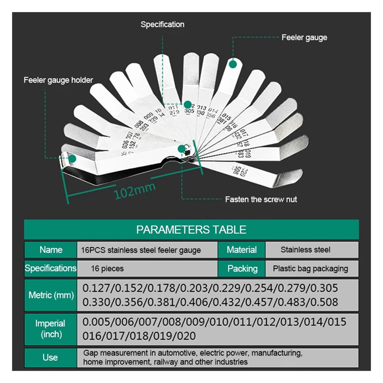Metric 0.127-0.508mm Feeler Thickness Gauge 16 Blades 0.005-0.020 Inch Gap Filler Gauge Measurement for Engine Valve Adjustment ,Easy Identification