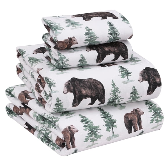 RUVANTI Flannel Sheets California King Size - 100% Cotton Brushed Cal King Bed Sheets Set - Deep Pockets 16 Inches - All Seasons Breathable & Extra Soft - Warm & Cozy, 4 Piece, Bear & Tree