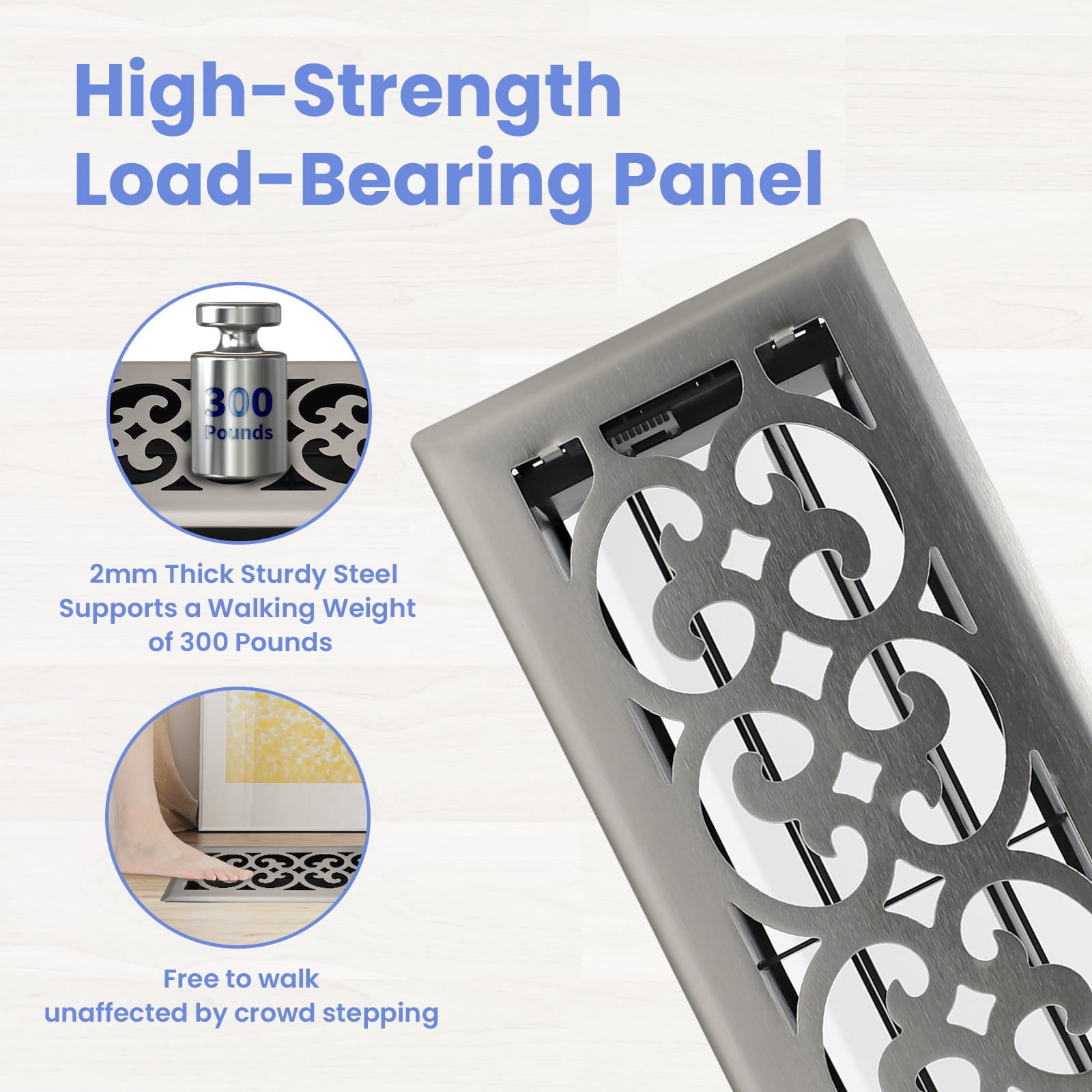 4x12 Inches Heavy Duty Walkable Floor Register Easy Adjust Air Supply Lever Floor Vents - Charlotte Design - Vent Cover for Home Floor - Satin Nickel