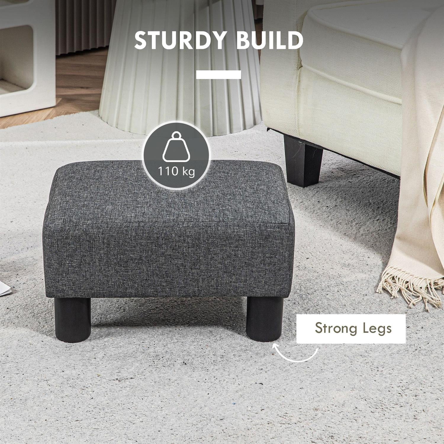 Demi Bonn 15" Small Ottoman Foot Rest, Foot Stool with Linen Fabric Upholstery and Plastic Legs, Cube Ottoman for Living Room, Bedroom, Gray