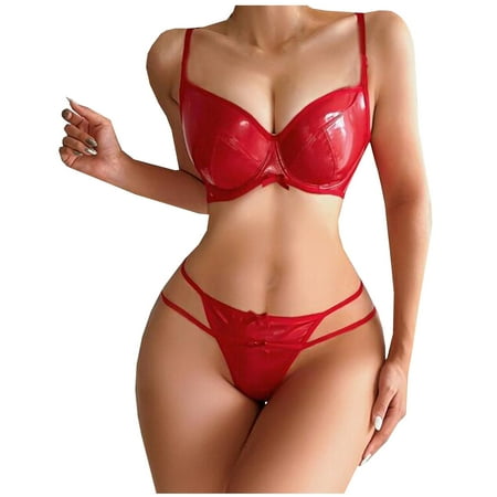

RYRJJ Sexy Leather Lingerie Women s Two Piece Bodysuit Teddy Wet Look Bodycon Bra and G-String Thong Set Night Party Clubwear(Red L)