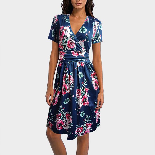 WILLBEST Vestidos Primavera Verano 2025 Falda Informal Para Mujer Nuevo Vestido De Comercio Exterior Para Mujer Con Cuello En V, Manga Corta, Estampado Con Bolsillos Y Largo Medio