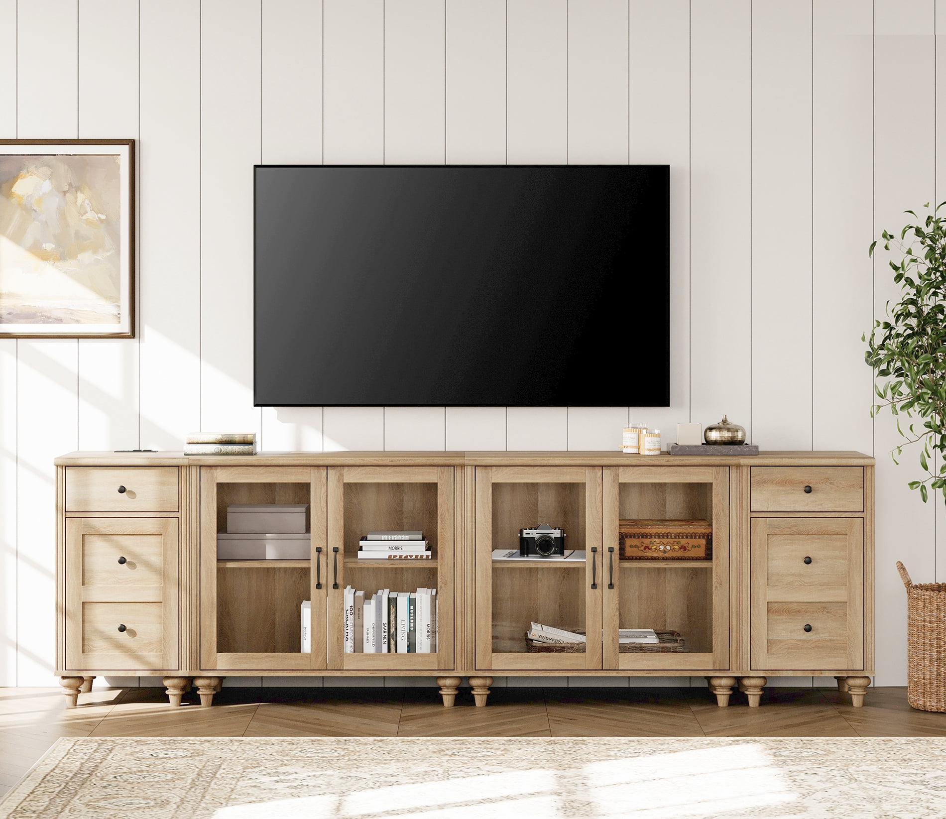 WAMPAT TV Stand for 100 Inch TV, Wooden TV Console Table for 85 90 95 Inch TV, Entertainment Center with Charging Station & Glass Door, Kitchen Sideboard Buffet Cabinet for Dining Room, Oak