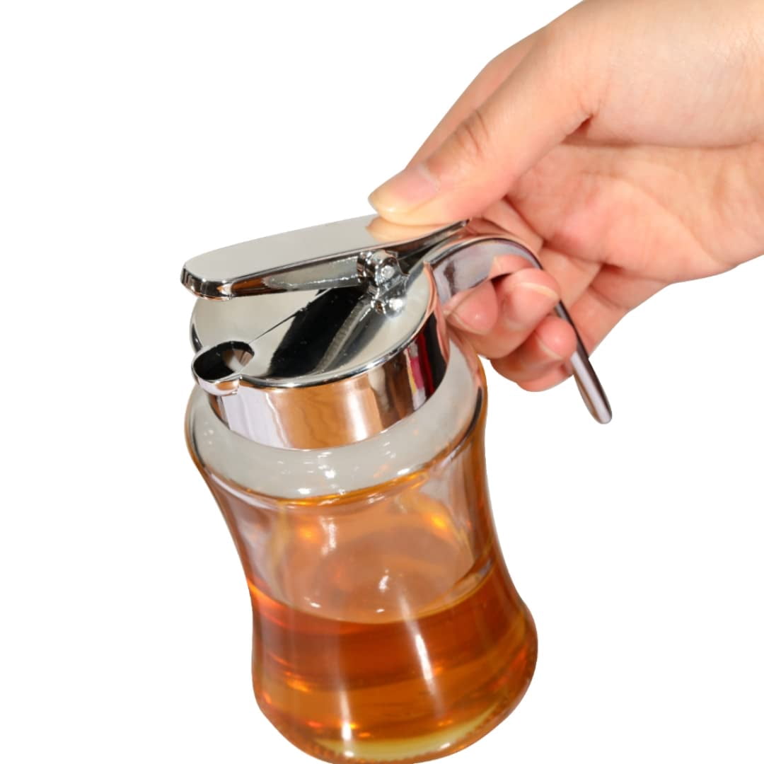 Glass Syrup Dispenser Bottle For Maple  Honey Pot Or Sugar Jar W/handle Shaker Pancakes Coffee Cereal Bowl Tea Pour Spout Lid Easy Spoon Measure 7.5oz Container Holder