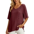 thumbnail image 2 of Yrmaups Loose Fit Short Sleeve T Shirt for Women, Casual V Neck Blouse, Soft Stretch Button Down Tee for Beach Travel Office Daily Wear, Wine XL, 2 of 8