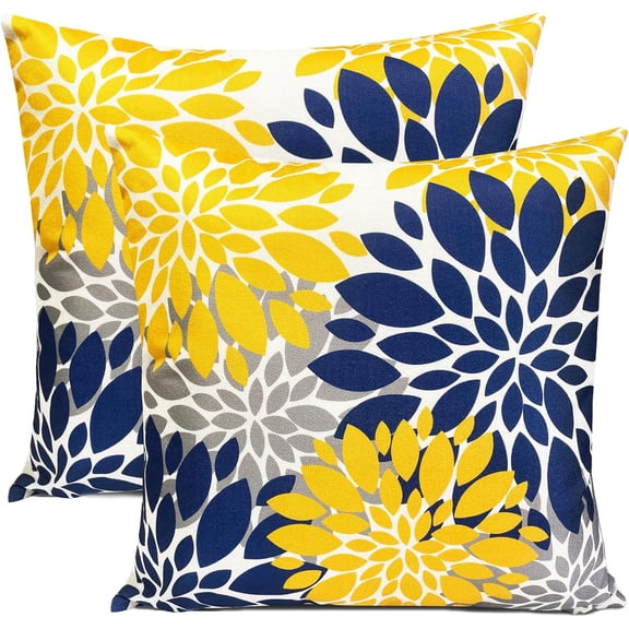 Decorative Throw Pillow Covers Set of 2 Blue Yellow Pillow Covers 16x16 inch Throw Pillows Linen Square Pillow Case,Farmhouse Outdoor Modern Floral Pillow Covers for Couch Sofa Living Room