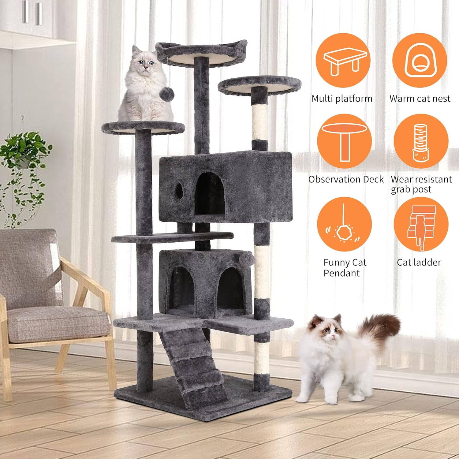 XF XINFENG 54 in Cat Tree Tower Playhouse Multi-Level Pet/Cat Cozy Condo Furniture for Indoor Cats with Scratching Posts Stand House,LIGHT GRAY
