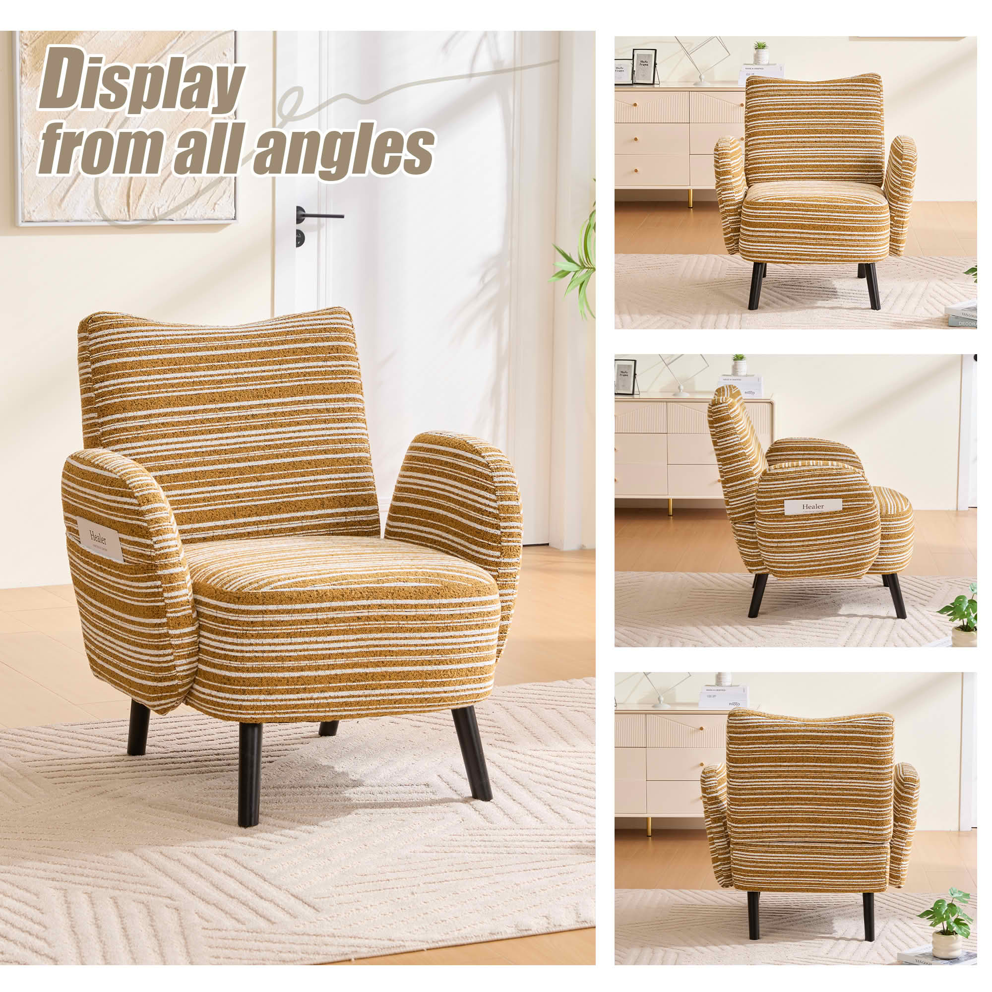 MAYEERTY Modern Boucle Armchair with Side Pocket & Wood Legs, Mustard yellow, for Living Room Bedroom Office