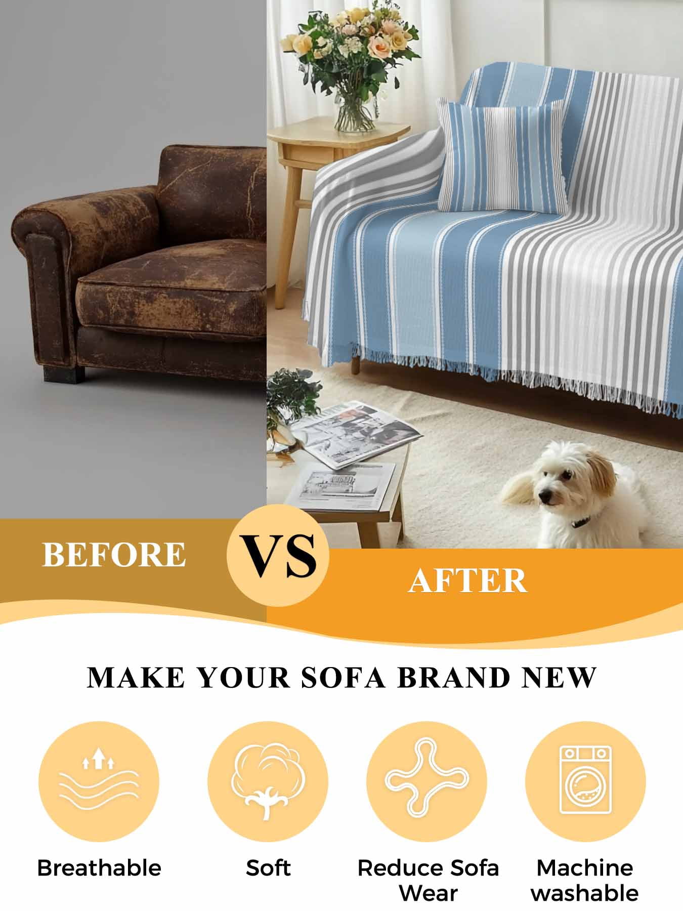 Blue Gray Stripes Couch Cover, Contemporary Minimalist Abstract Lines Sofa Cover Blanket for 2 Seat Cushion,Sectional Sofa Slipcover Furniture Protector for Living Room Bedroom 71''x102''