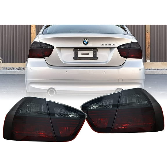 USR DEPO E90 Blackline Tail Lights - Red / Smoke Rear Tail Lamps Set (Left   Right, Inner   Outer) Compatible with 2006-2008 BMW 3 Series 4D 4 Doors Sedan Pre-LCI E90 Chassis (Smoked Black Line Style)