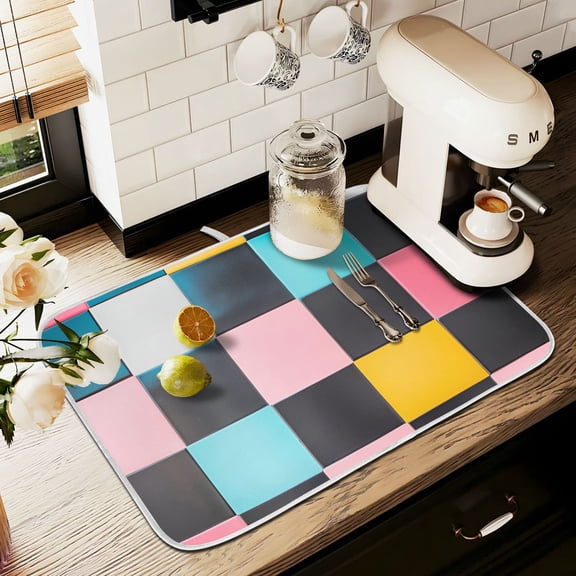 Yayeee Dish Drying Mat for Kitchen Counter 16" x 18" Microfiber Super Absorbent Coffee Decorative Pad, Pink Checkered Pattern