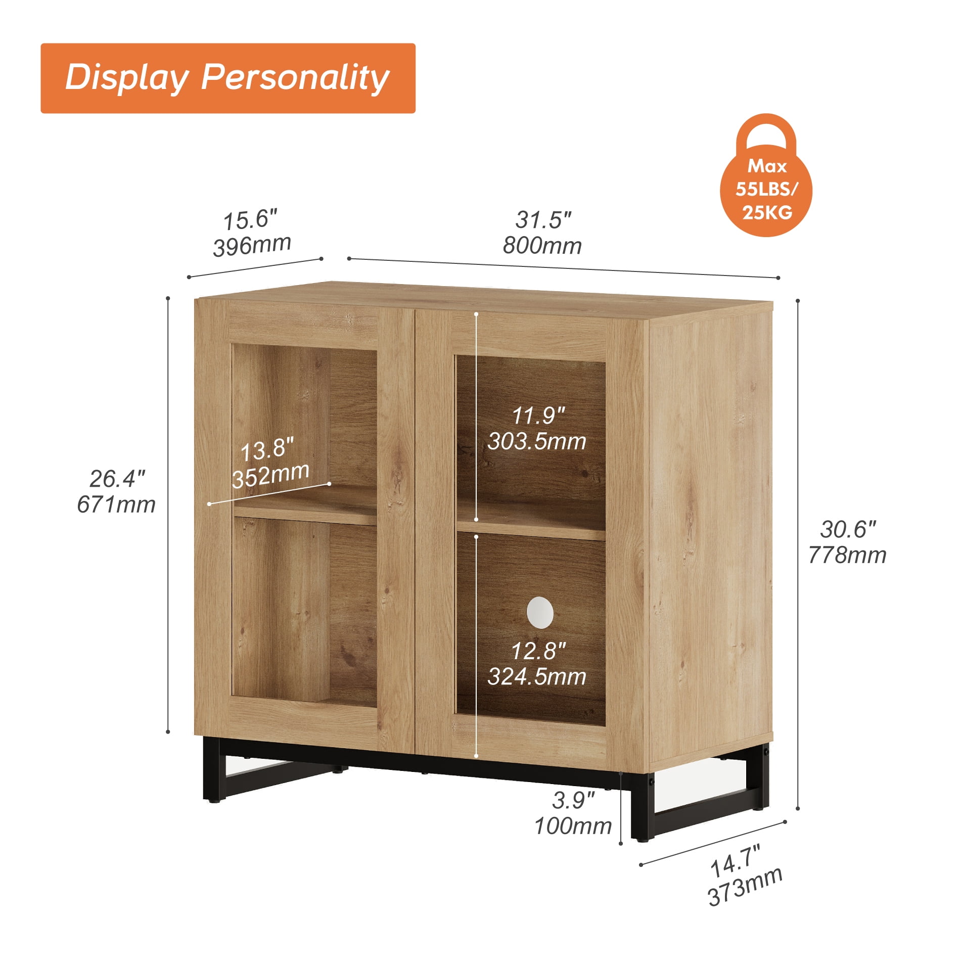 Modern Sideboard Buffet Cabinet with Glass Doors and Adjustable Shelf Coffee Bar Storage Cabinet for Living Room Kitchen,Oak