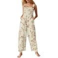 thumbnail image 2 of Women's Floral Print Sleeveless Overalls Loose Wide Leg Cotton Linen Jumpsuit with Pockets Beige L, 2 of 7