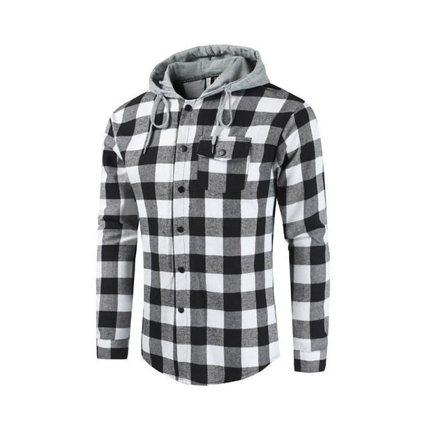 Mens Thermal Flannel Shirts Jackets with Hood Button Down Long Sleeve