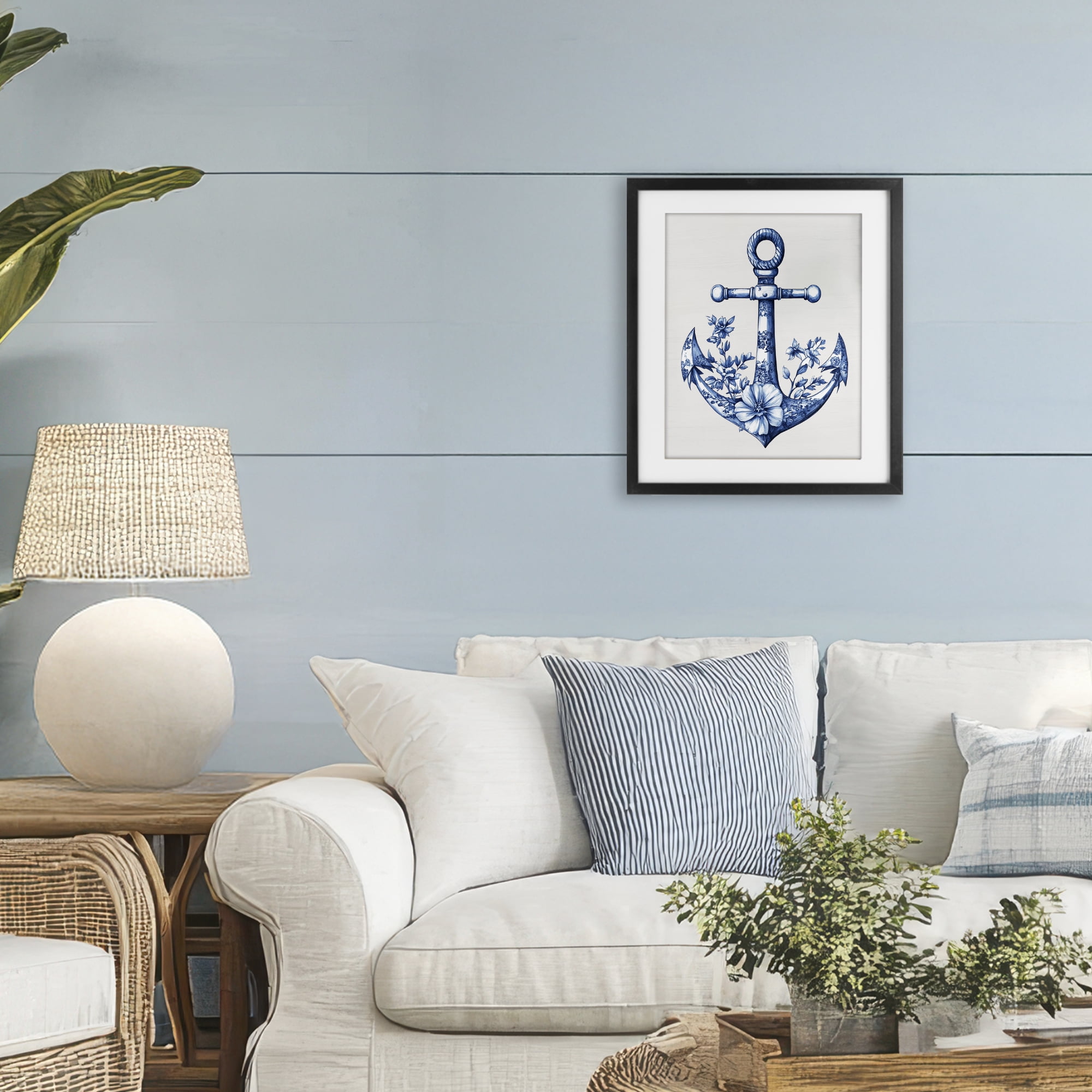 Toile Patterned Anchor Black Framed Print Under Glass, design by Lettered and Lined