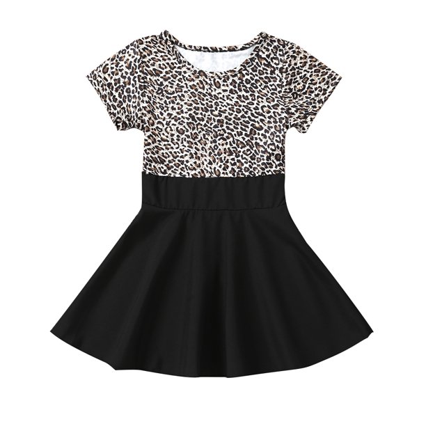 Anself Girls Summer Dress Leopard Printing With Black Pleated Skirt Cotton Short Sleeve Dresses One Piece Design Skater Dress Walmart Com Walmart Com