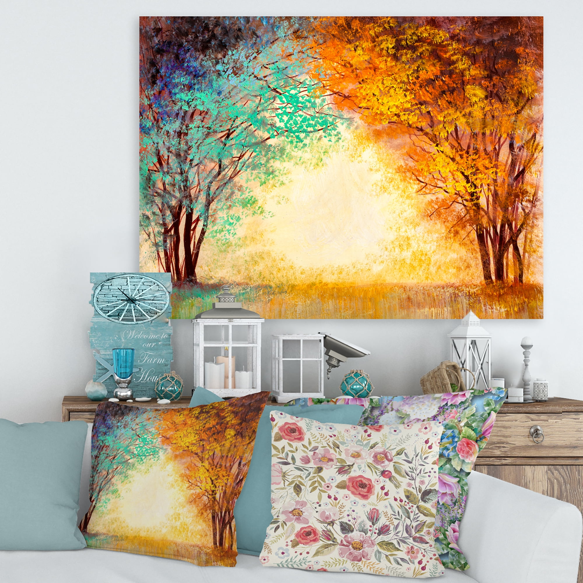 Alley Through The Turquise Park In Autumn Sunset 32 in x 24 in Painting Canvas Art Print, by Designart
