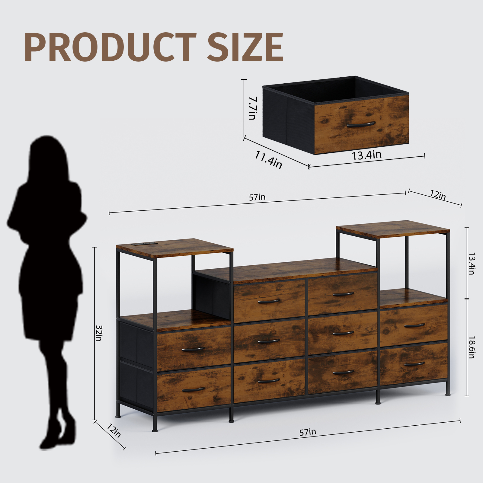 TV Stand for TV up to 57" with LED light,10 Drawers, Charging Station,Storage Cabinet with Adjustable Feets for Living Room