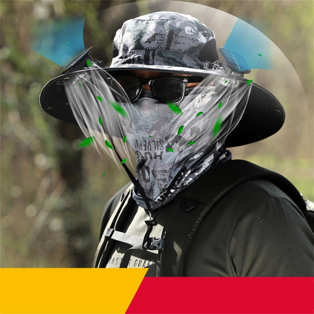 Sombrero de pesca al aire libre con ventilador solar ancho para hombre, sombrero para el sol con 2 sombreros de pesca con ventilador solar, sombrero con ventilador ajustable de 3 Akmoler