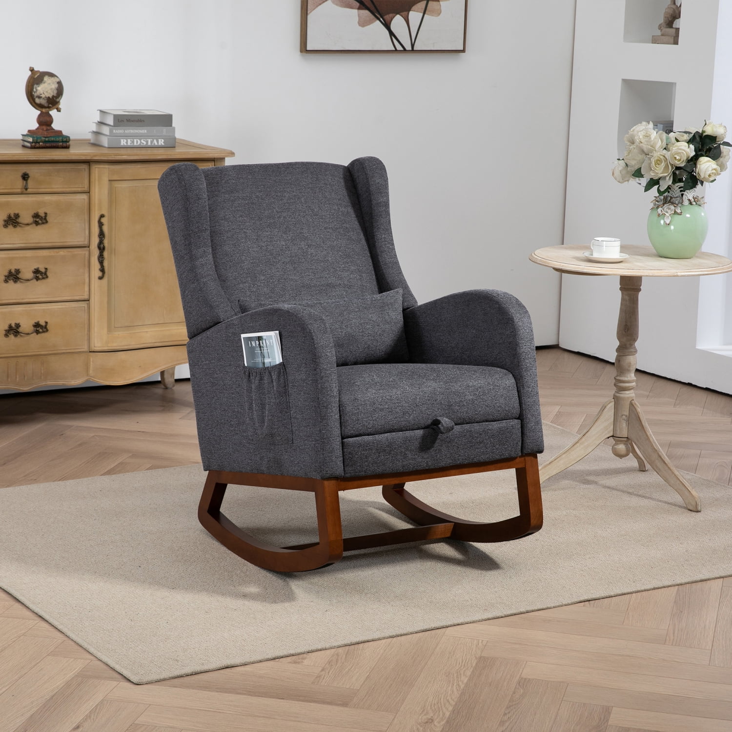 Miekor Furniture 25.4" W Modern Rocking Chair for Nursery,Mid Century Accent Arm Rocker With Retractable Footrest,Side Pocket,Comfy Upholstered Wingback Wooden Glider Chair MK3968