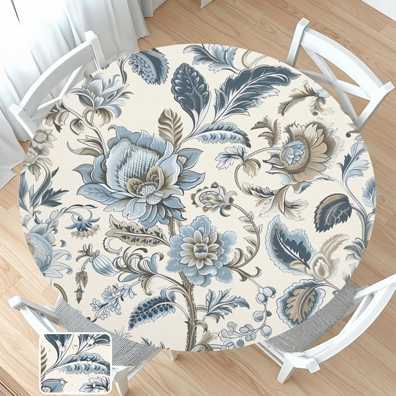 Vintage Floral Round Fitted Tablecloth with Elastic Blue Brown Chinoiserie Flower Circle Table Cloth for 40-44" Round Tables Wipeable Waterproof Elegant Rustic Table Cover for Dining Patio Picnic