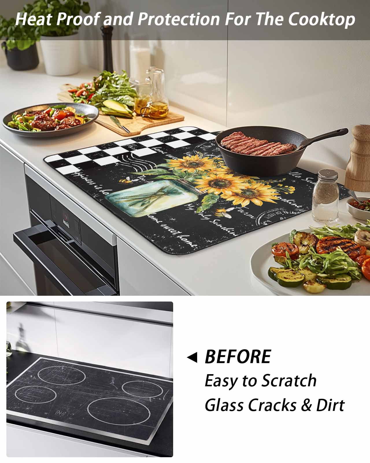 Stove Top Covers for Electric Stove, Sunflower Glass Stovetop Cover Protector, Black White Check Farmhouse Bee Vase Floral Induction Cooktop Protector Oven Mat for Kitchen Countertop 24"x21"