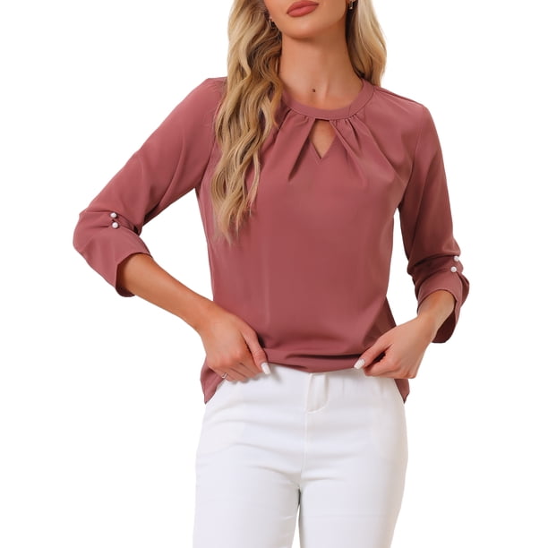 CURVOSPORT Camisa Elegante para Mujeres Top de Oficina con Abertura Clave Plisado Frontal Arrugado de Manga 3/4 Blusa de Chifón XS Rojo Carmín