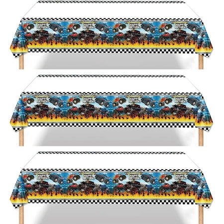 

3 Pcs Monster Truck Birthday Party Supplies Monster Truck Tablecover for Cars Theme Disposable Table Runner Waterproof，43.5x70.8inch
