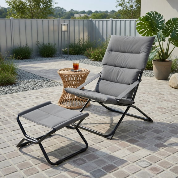 Yardi Yard Patio Folding Sling Chair with Ottoman Footrest and Removable Cushion, Lounge Chairs for Outdoor, Folding Lounger Chaise Chair-Gray