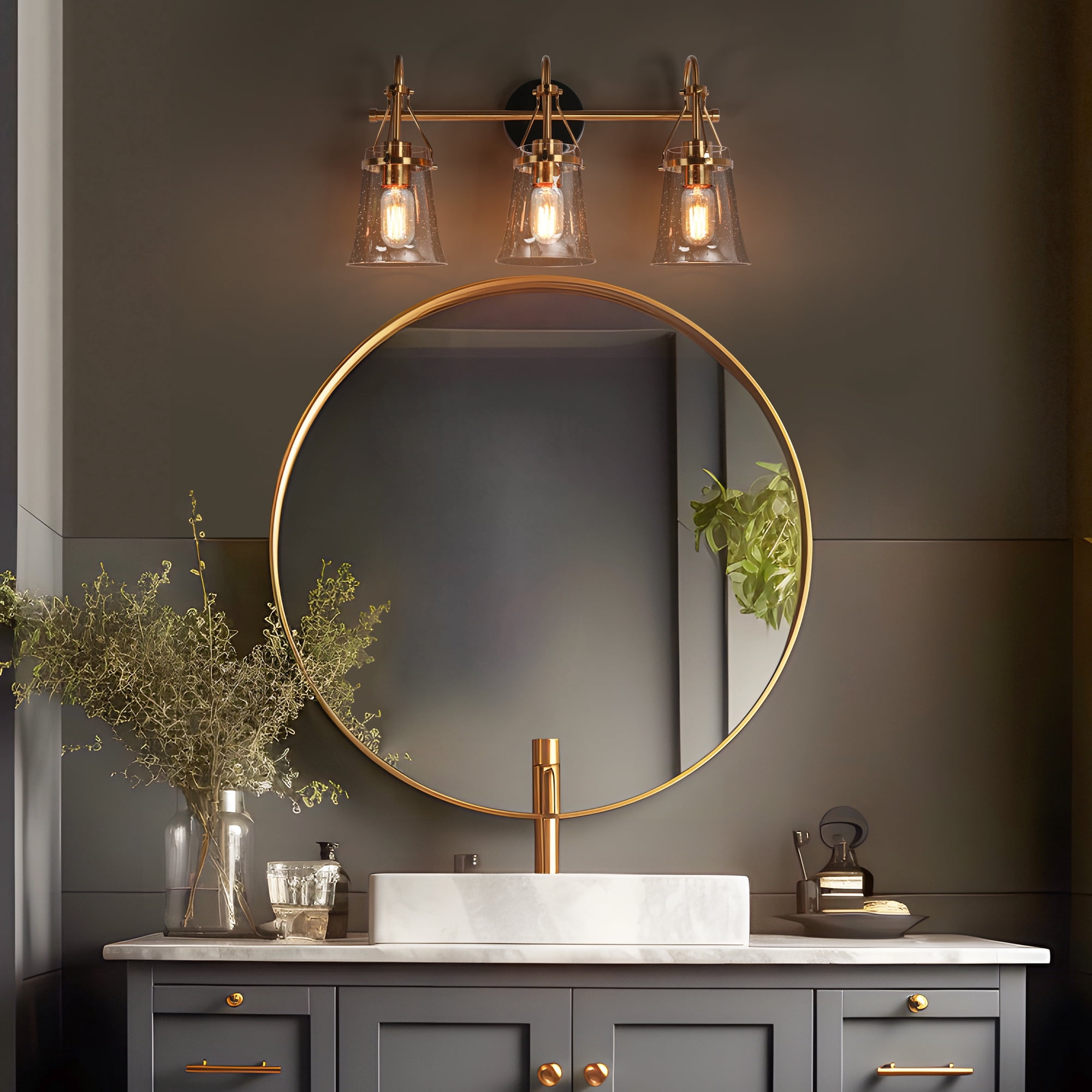 LNC Black & Gold 3-Light Bathroom Vanity Light with Seeded Glass Bell Shades, Dimmable