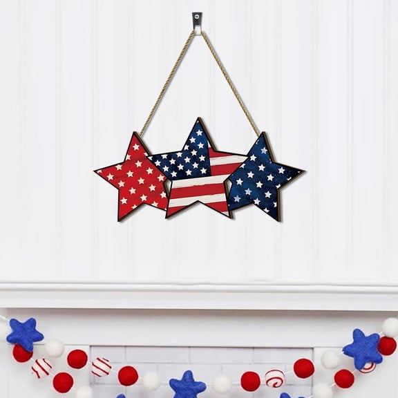 Patriotic 4th of July Wooden Door Hanger,Triple Star Sign with American Flag Design,Independence Day Memorial Day for Porch,Wall Patio,Holiday Party Decor