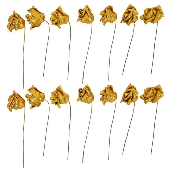 14Pcs Foam Glitter Artificial Rose Decor, Gold,2 Bunch Bride Flowers (include 14pcs flowers),Gold