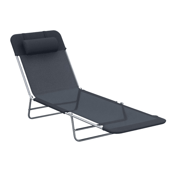 Folding Chaise Lounge Chair - Black, Portable Beach Chair, 6-Position Adjustable, Pillow Included - Patio, Garden, Poolside Relaxation