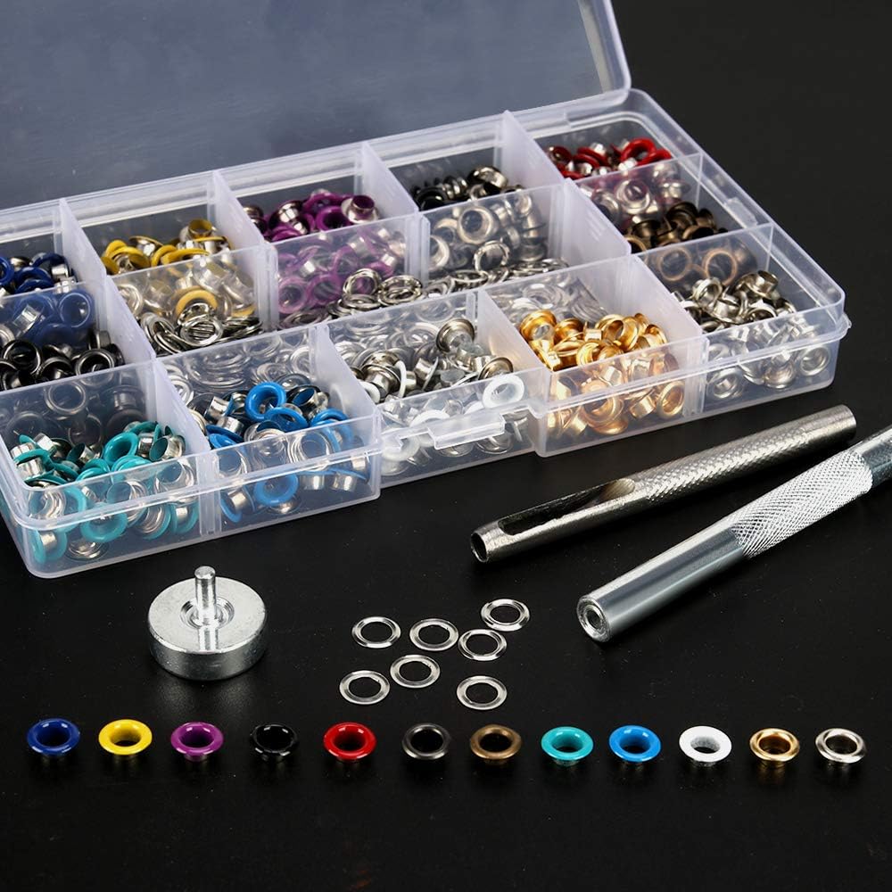 ABCISI Metal Eyelets, 600Pcs 12 Colors 3/16 inch Metal Grommets Kit, Multi-Color Grommets Kit, Metal Eyelets Set with 3 Pieces Installation Tool and Storage Box for DIY Shoes Clothes Crafts Bag